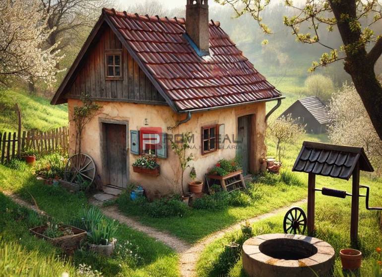 A magical family house in nature, surrounded by flowers, fruit trees, and a traditional well.