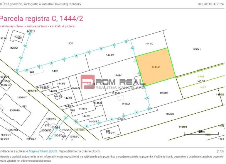 The cadastral map shows plot 1444/2 on Cintorínska Street 463 in the Záhrady area.