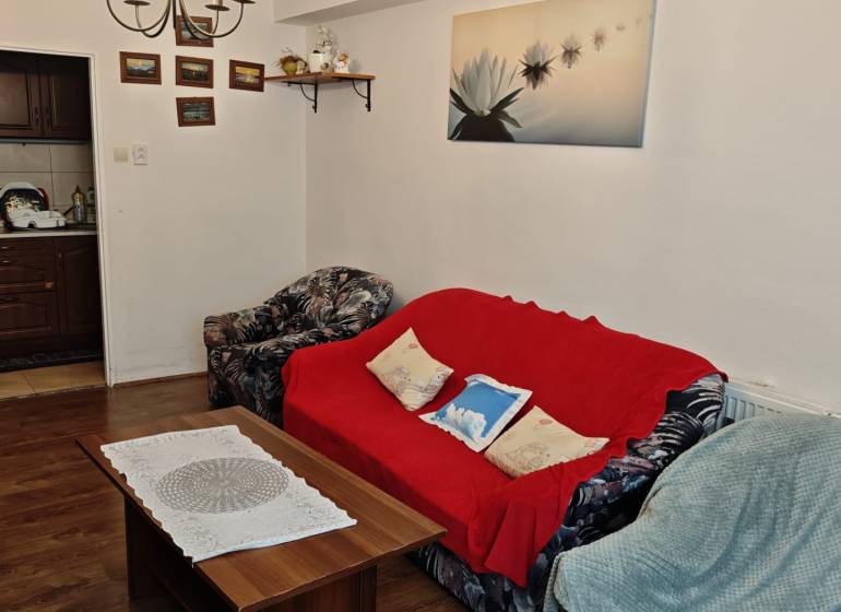 Living room in a two-room apartment with sofas, a coffee table, and decorations on the walls.