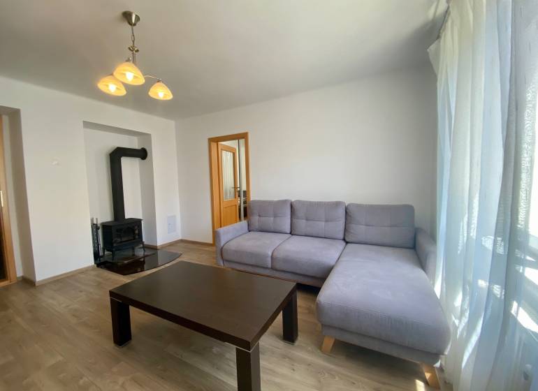 Living room with a corner sofa, fireplace, and coffee table in a 2-room apartment.