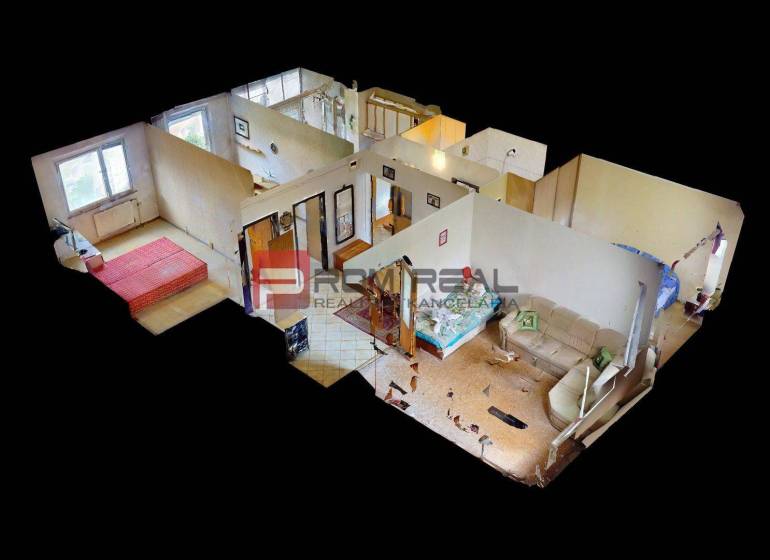 3D floor plan of a 4-room apartment showing the living room and bedroom.