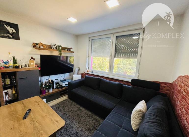 Living room with a dark sofa, a TV on the wall, and a large window.