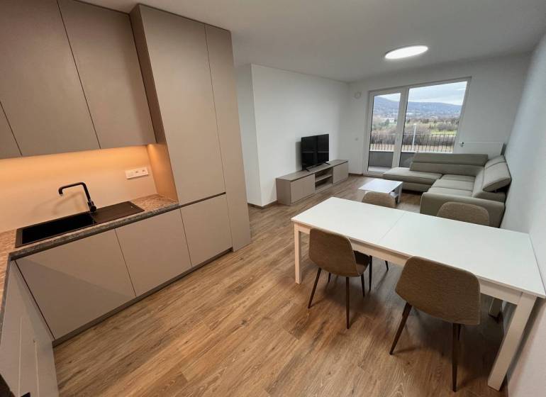 1-bedroom apartment with a kitchenette, dining table, living room, and a view of the countryside.