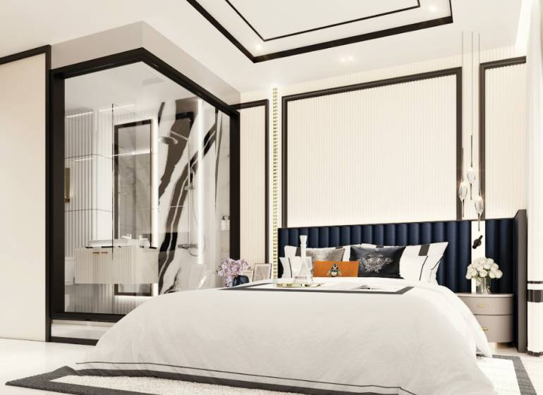 A bedroom in a 3-room apartment with a large bed and a glass-walled bathroom.