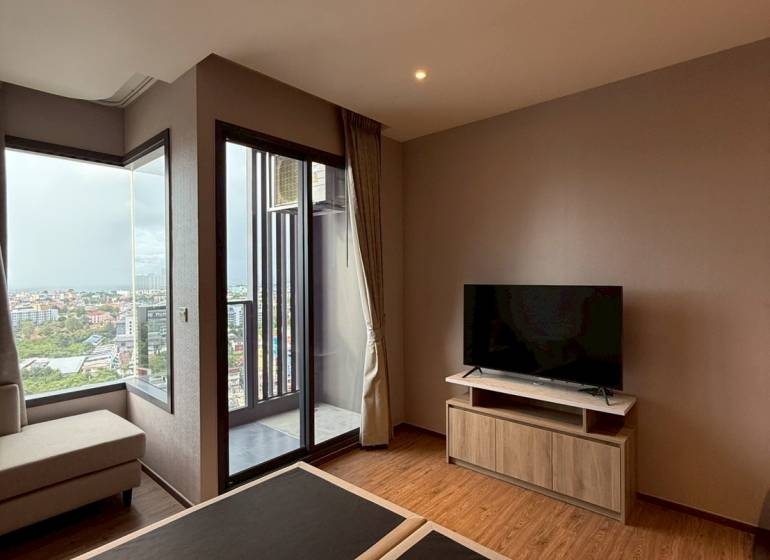 Living room in a studio apartment with a TV, sofa, and view.