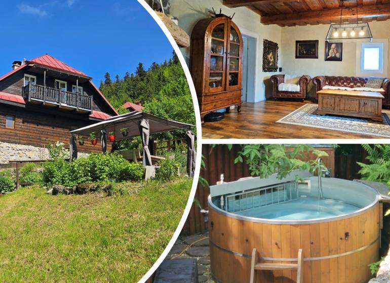 A family house in Donovaly with a rustic interior, an outdoor sauna, and a spacious garden.