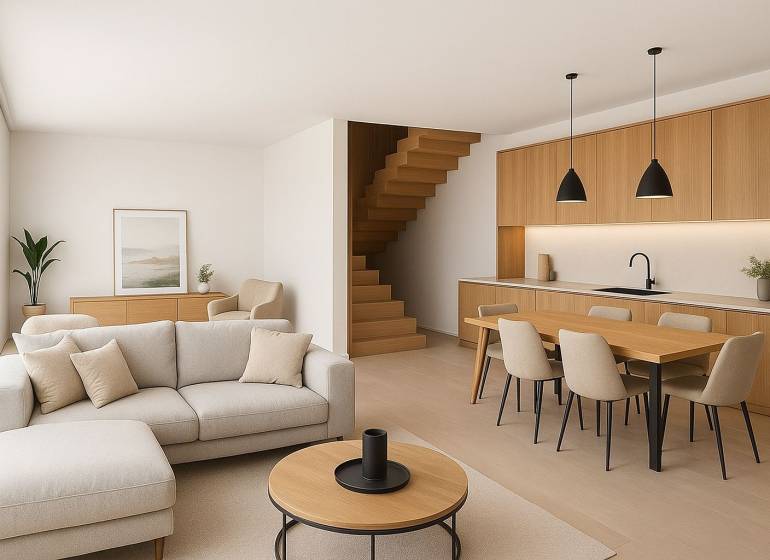 Living room with kitchen and wooden furniture in a family house.