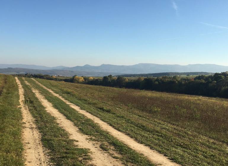 Agricultural and forest land, a dirt road with a view of the hills around Prievidza.