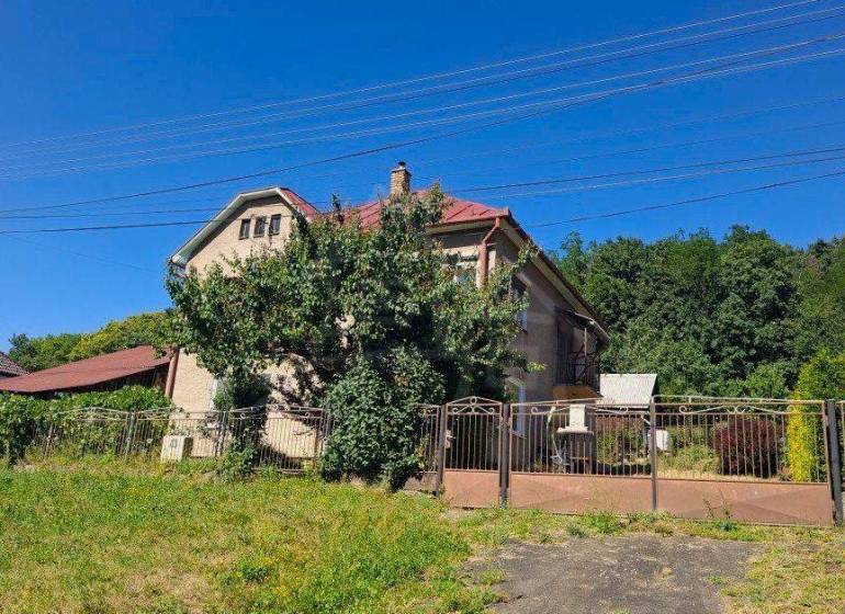 A family house in Lovinobaňa with a garden, gate, and greenery on a slope.