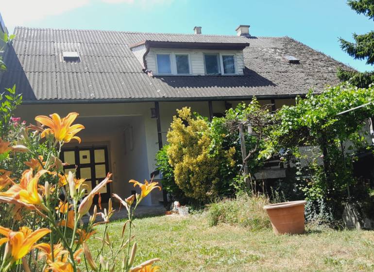 A family house in Potzneusiedl with a flower garden, vineyard, and traditional sloped roof design.