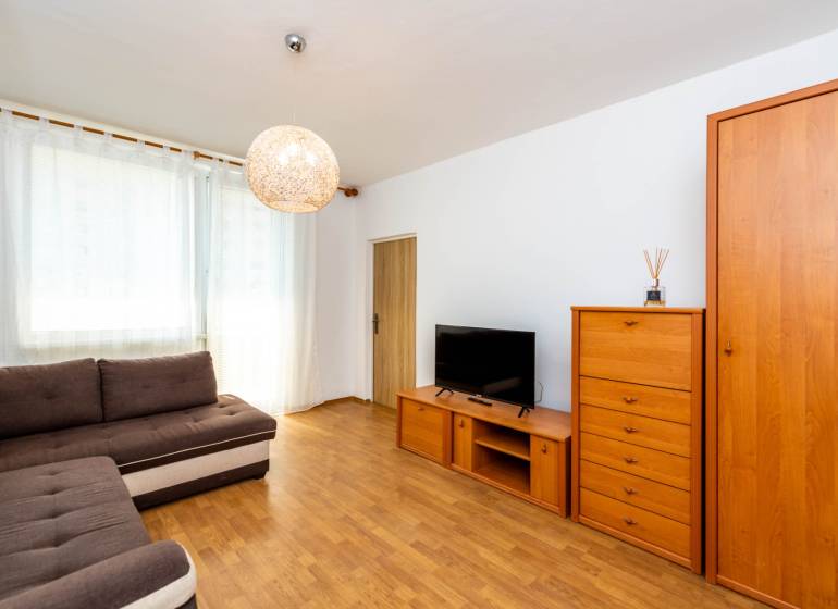 Living room in a 2-room apartment with brown furniture and a sofa, bright room.