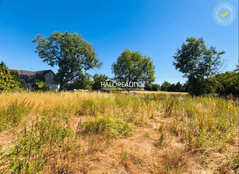 Residential plots in Horná Krupá with grass and trees under a blue sky.