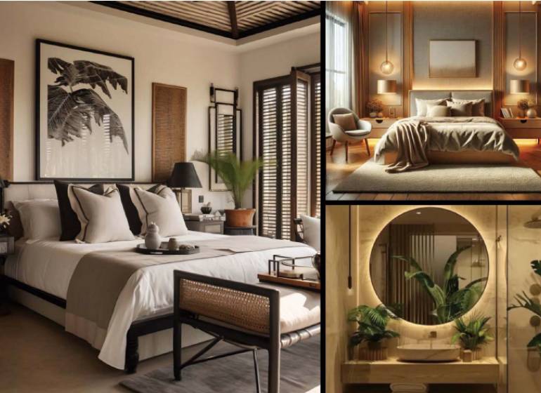 Elegant bedroom in a 2-room apartment with modern furniture and designer decorations.