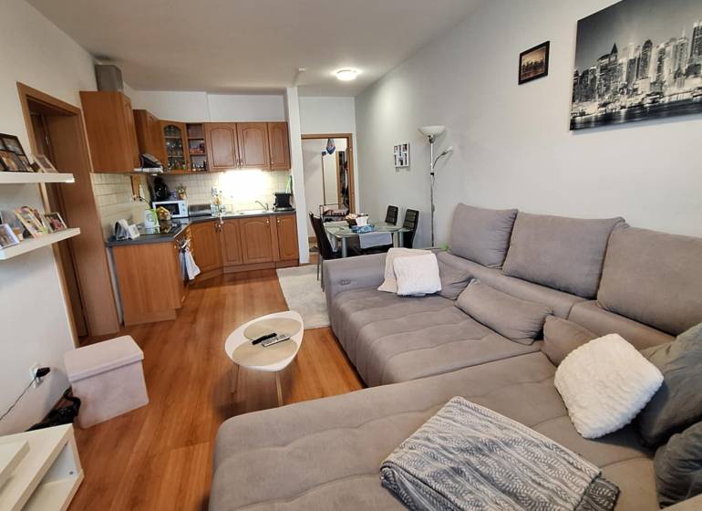 Living room with a kitchen in a 3-room apartment with a comfortable sofa and a dining table.