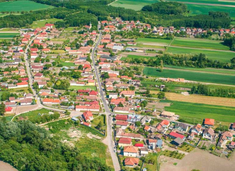 A rural village surrounded by agricultural and forest lands and greenery.