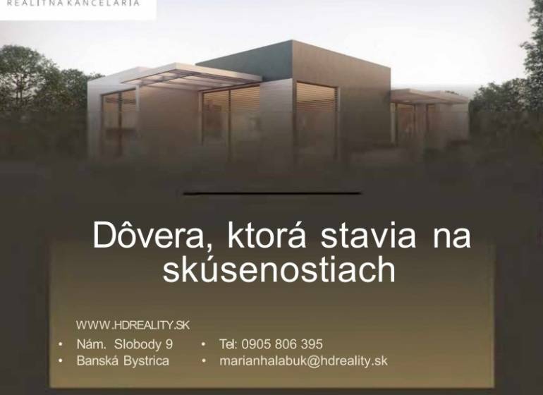 Real estate agency advertisement for a 2-room apartment in Banská Bystrica with contact information.
