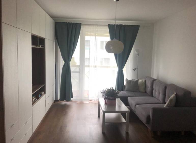 Living room in a two-room apartment with a sofa, furniture, curtains, and a table with a flower.