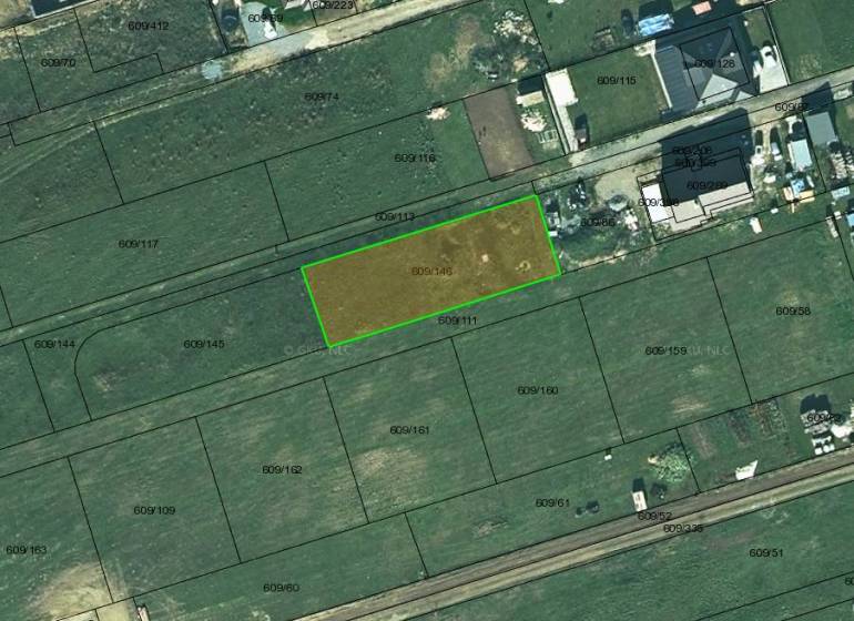 Aerial photograph of a residential plot in the village of Župčany near Prešov with a parcel number.