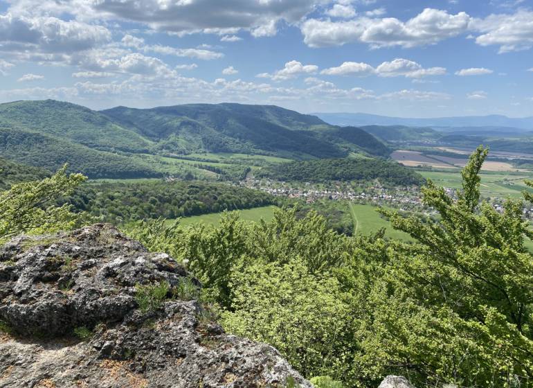 View of agricultural and forest lands around the town of Humenné with a mountain panorama.