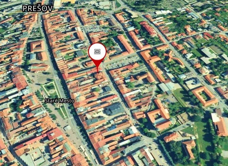 Aerial view of buildings on Slovenská Street in Prešov, Old Town.