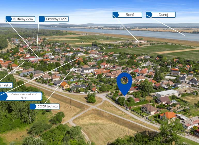 Aerial view of the village Dobrohošť with marked local facilities. Land - housing.