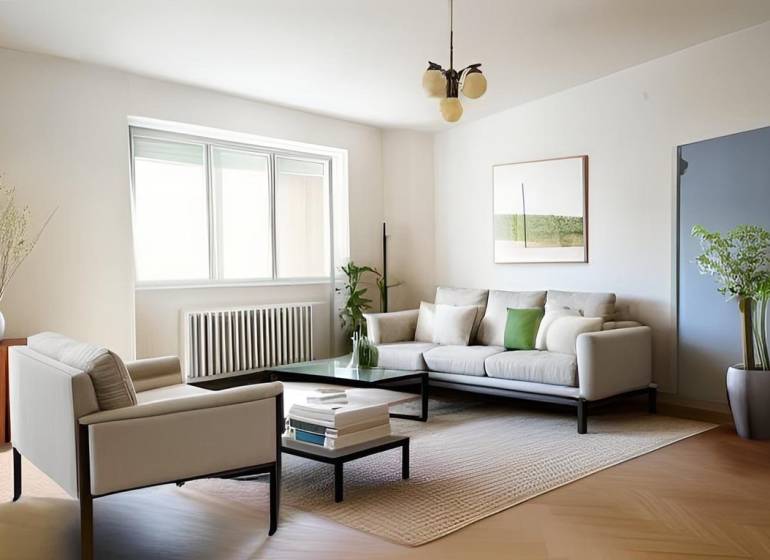 A bright living room with a sofa, an armchair, and plants in a three-room apartment.