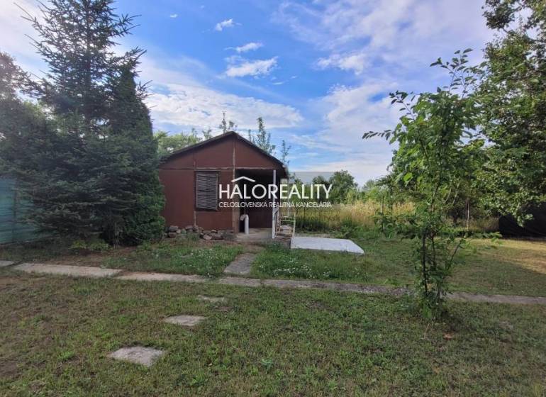 A garden in Nitra with a wooden cottage, surrounded by trees and green grass.