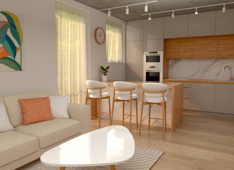 Bright living room with kitchen, sofa, painting, and bar stools in a 2-room apartment.