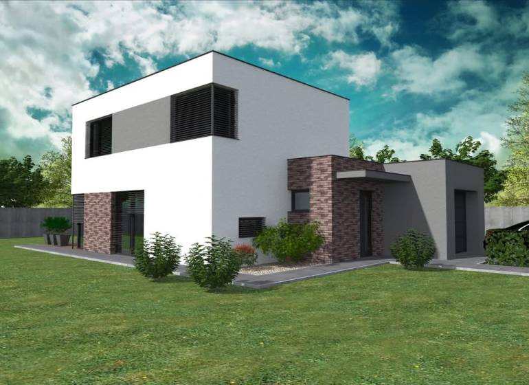A family house under construction in Western Slovakia surrounded by lawn and greenery.