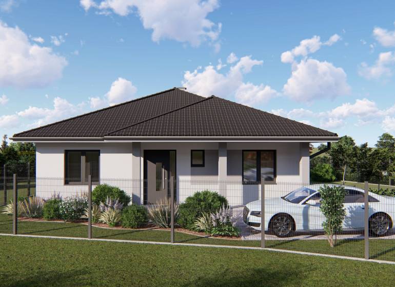 A family house with a landscaped garden, fencing, and a parked car in Malinovo. Residential land.