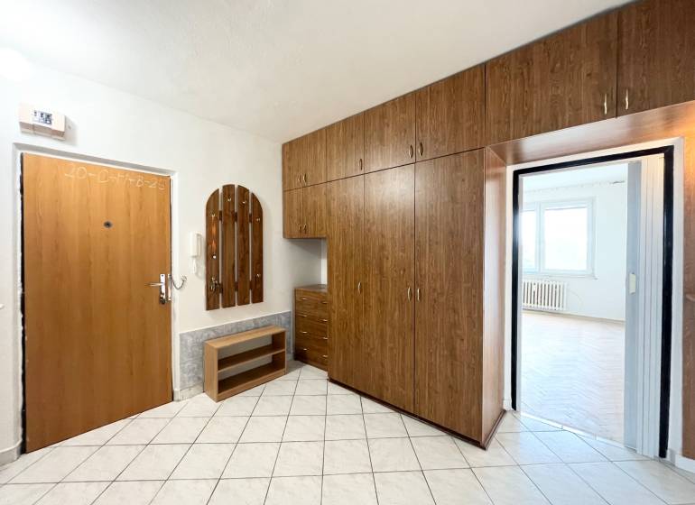 Entrance hall of a 2-room apartment with a large wardrobe and tiles.