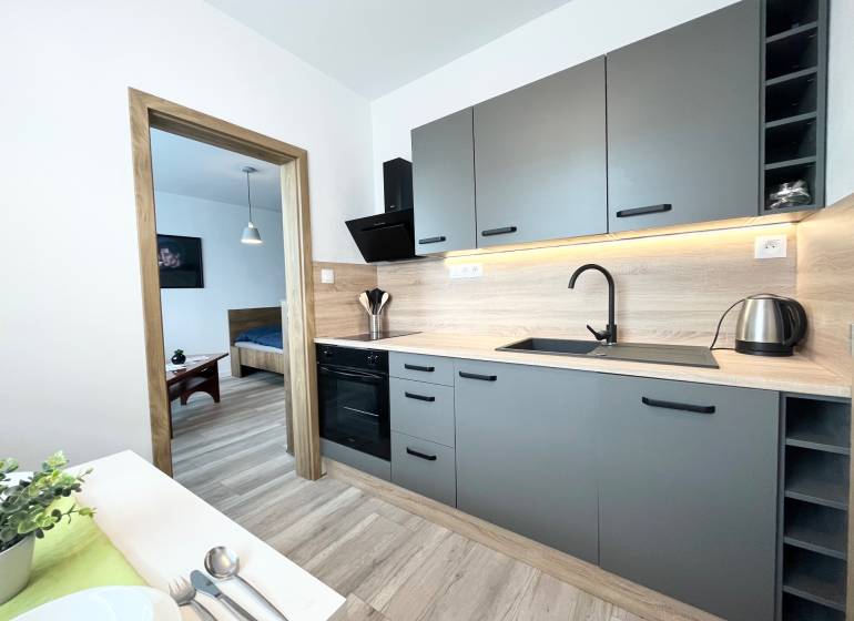 A kitchen in a studio apartment with wooden elements, an entrance to the bedroom, and modern equipment.