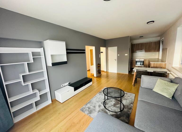 Living room in a two-room apartment with a sofa, dining table, and kitchenette.