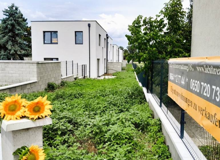 New apartments on Untere Hauptstraße in Potzneusiedl surrounded by greenery with colorful sunflowers.