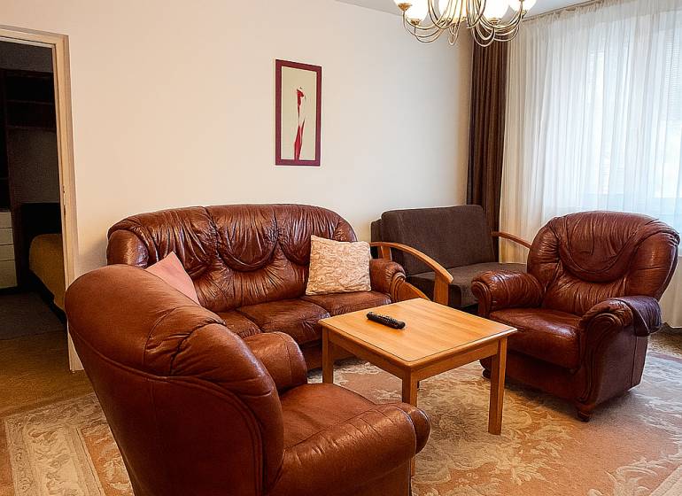 Leather sofa set in the living room of a 2-room apartment with a chandelier and a carpet.