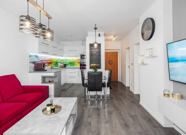 Interior of a 2-room apartment with an open kitchen, red sofa, and modern furniture.