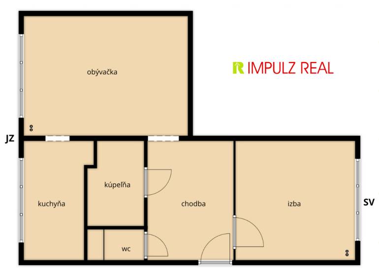 Floor plan of a 2-room apartment with a living room, kitchen, hallway, bathroom, and toilet.
