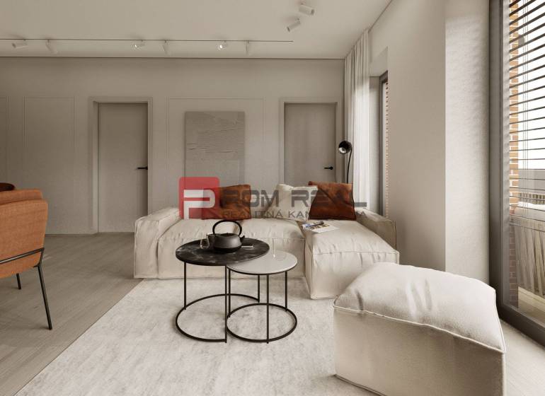 A bright living space in a 3-room apartment with a comfortable sofa and a coffee table.