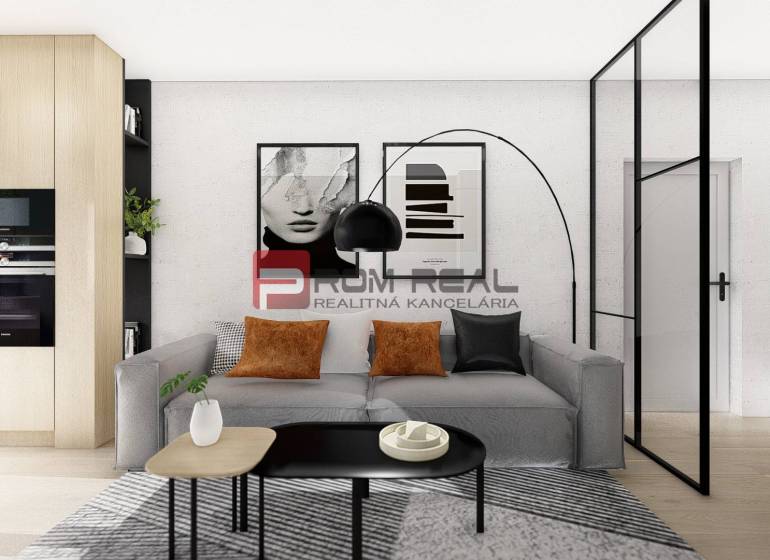 Living room in a two-room apartment with a large sofa and modern decorations.