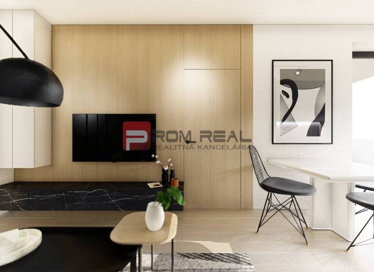 Living room in a two-room apartment with a wooden wall, TV, dining table, and decorations.
