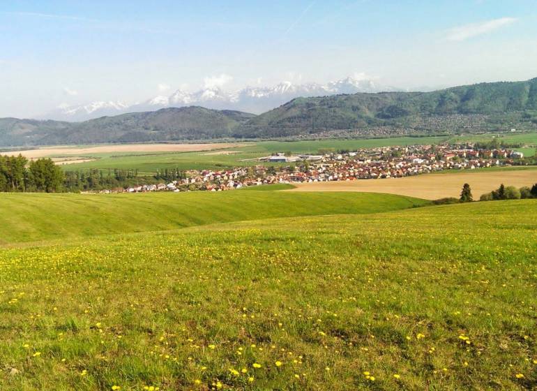 View of agricultural and forest land near Hranovnica with mountains in the background.
