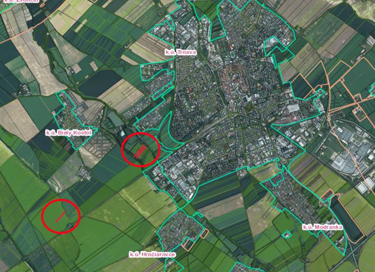 Aerial view of agricultural and forest land in the area of Hrnčiarovce nad Parnou.