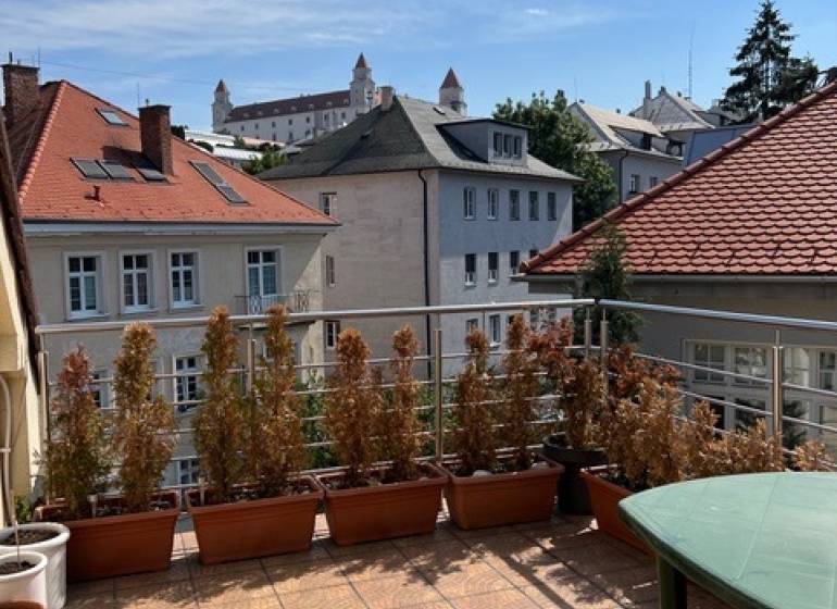 Terrace of a 5 or more room apartment with a view of rooftops and greenery.
