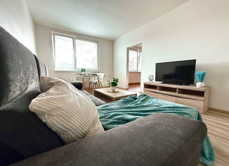 Living room in a three-room apartment with a sofa, table, and television.