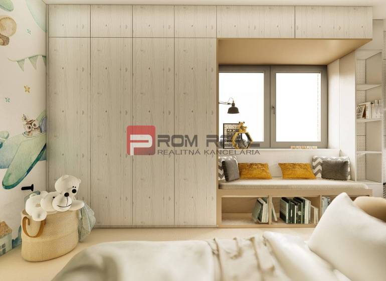 Children's room in a 4-room apartment with storage space and playful wallpaper.