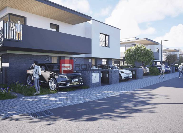 A street with stylish houses and cars in Dubová, ideal for residents of 3-room apartments.