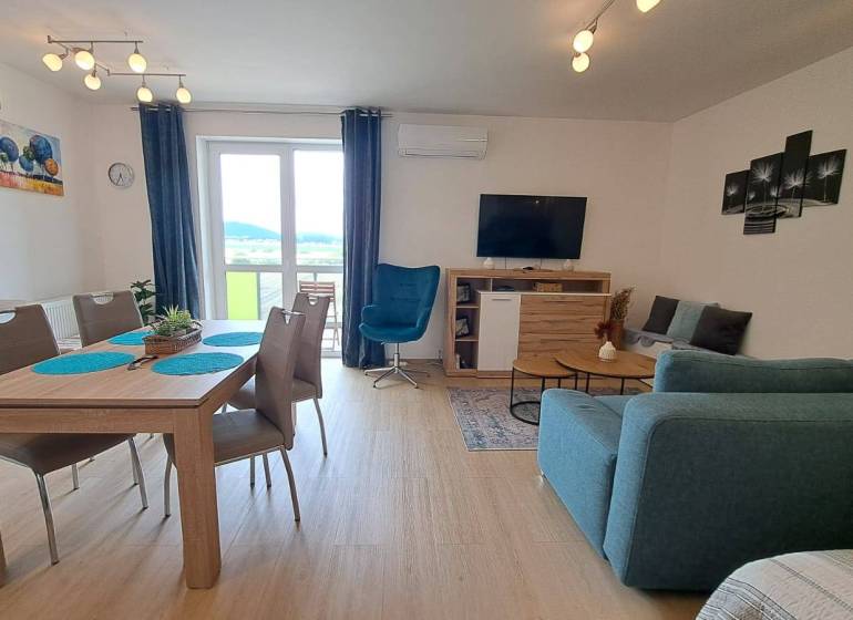 Living room in a studio apartment with a dining table, sofa, armchair, and a TV on the wall.