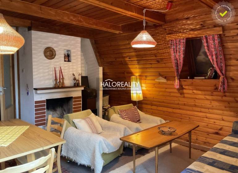 Wooden interior of a cabin with a sofa, fireplace, and dining table.