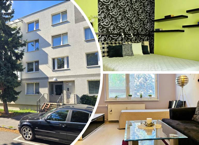 A view of a 2-room apartment with an exterior and interior including a living room and a bedroom.