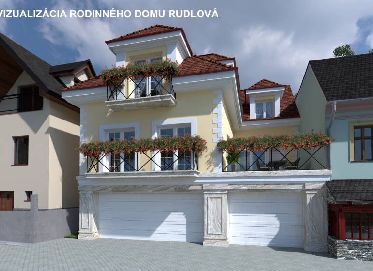 Visualization of a family house with flowers on balconies on the street under Bánoš, Banská Bystrica.